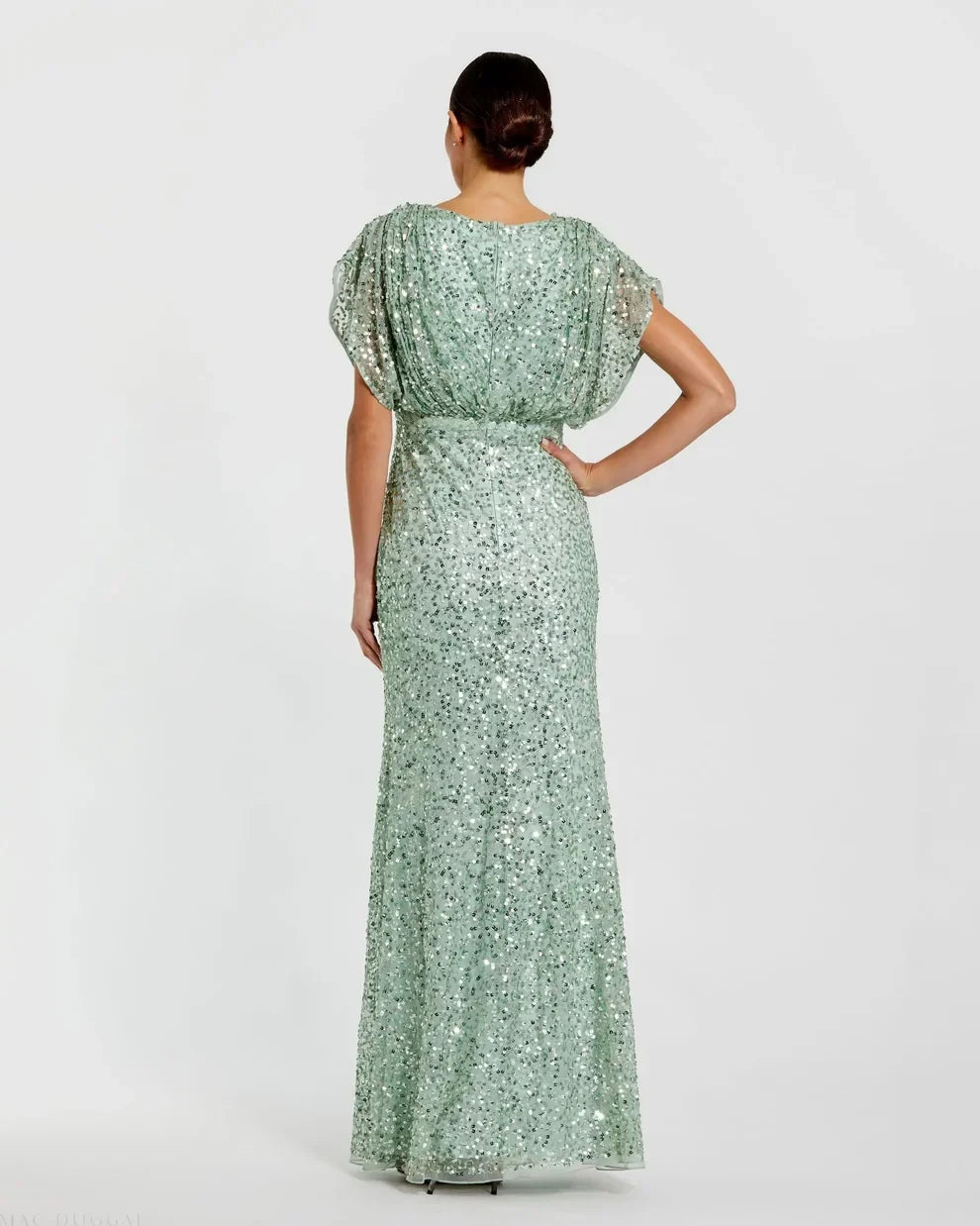 Elegant Mermaid V-Neck Dolman Sleeve Sequin Blouson Mint Green Maxi Prom Dress Gown