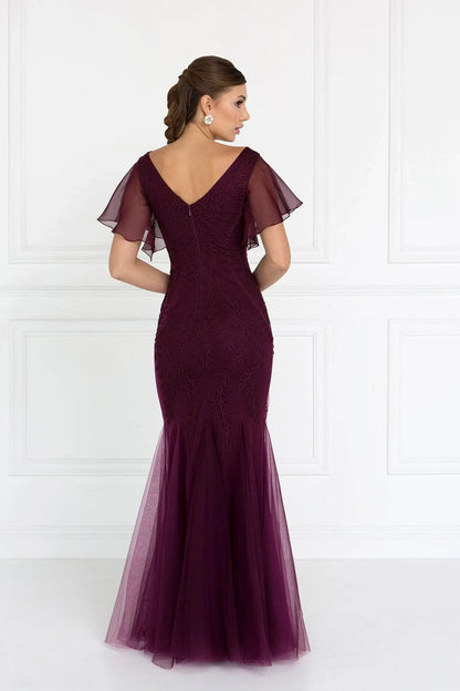 Elegant Mermaid V-Neck Flutter Sleeve Beaded Wine Floor-Length Mother Of The Bride Dress