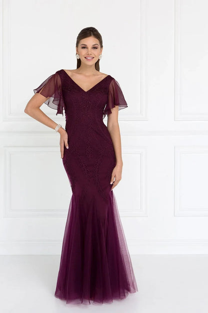 Elegant Mermaid V-Neck Flutter Sleeve Embroidered Plum Floor-Length Mother of the Bride Gown