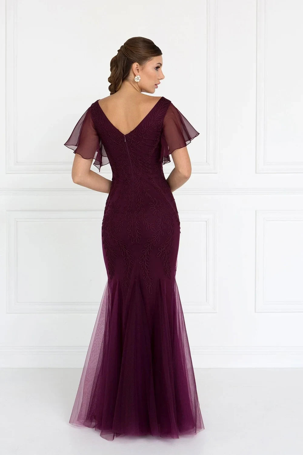 Elegant Mermaid V-Neck Flutter Sleeve Embroidered Plum Floor-Length Mother of the Bride Gown