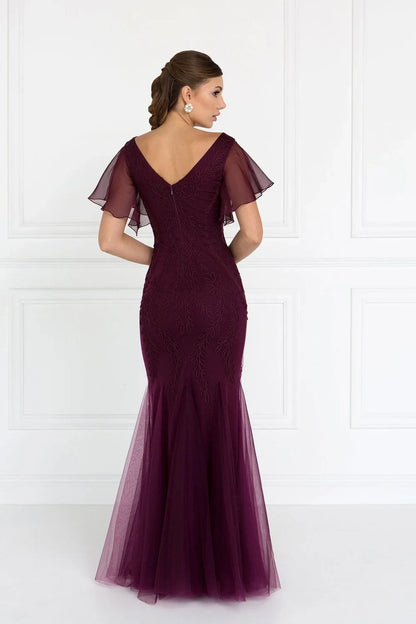 Elegant Mermaid V-Neck Flutter Sleeve Embroidered Plum Floor-Length Mother of the Bride Gown