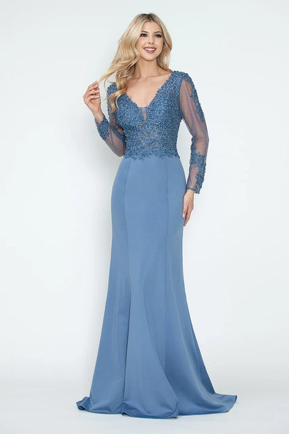 Elegant Mermaid V-Neck Long Sleeve Lace Dusty Blue Floor-Length Mother of the Bride Dress