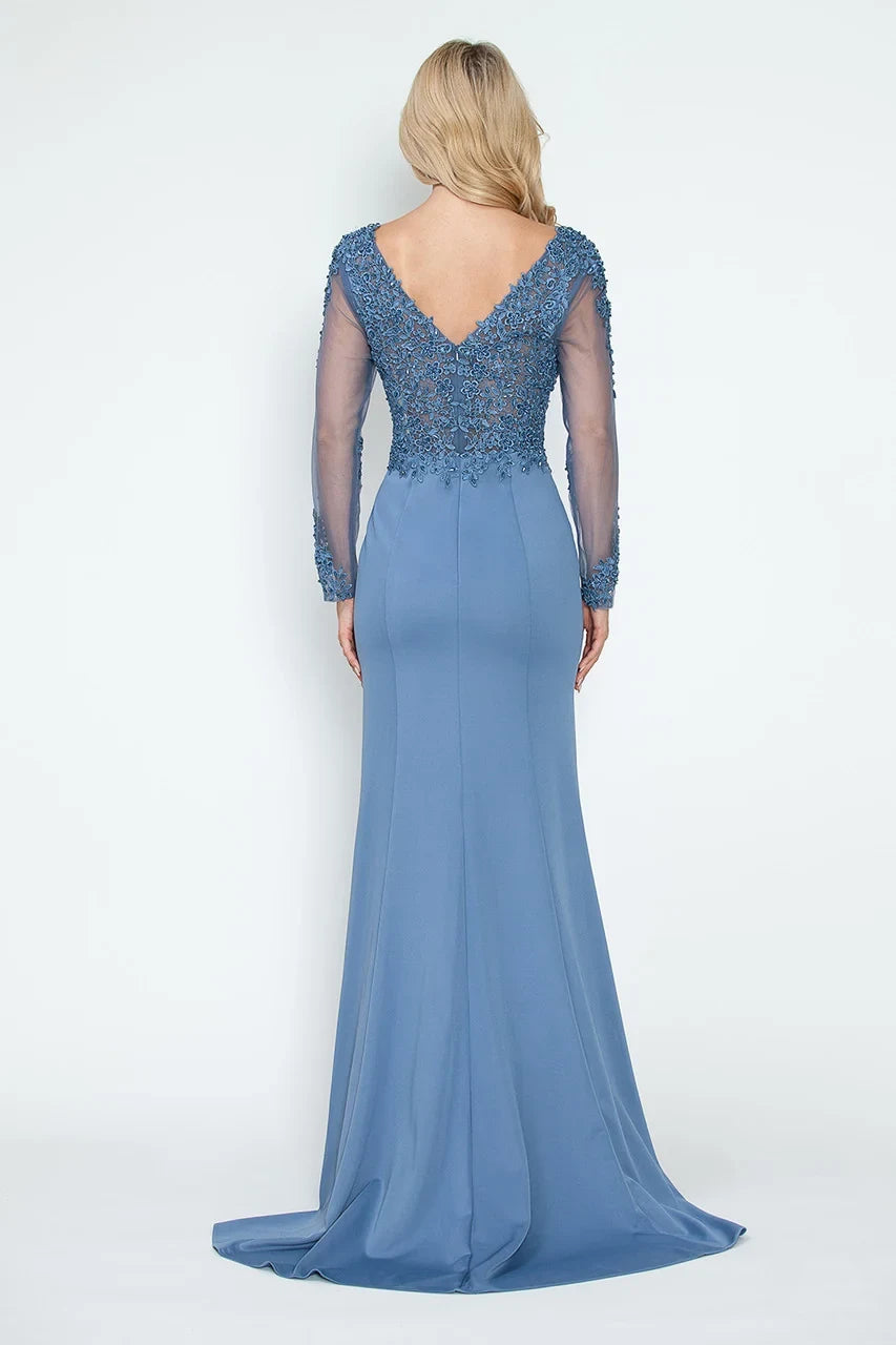 Elegant Mermaid V-Neck Long Sleeve Lace Dusty Blue Floor-Length Mother of the Bride Dress