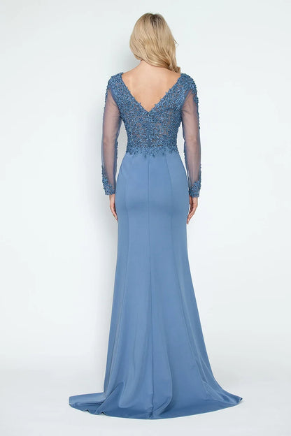 Elegant Mermaid V-Neck Long Sleeve Lace Dusty Blue Floor-Length Mother of the Bride Dress