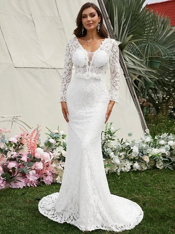 Elegant Mermaid V-Neck Long Sleeve Lace White Floor-Length Wedding Dress