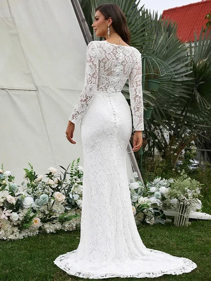 Elegant Mermaid V-Neck Long Sleeve Lace White Floor-Length Wedding Dress