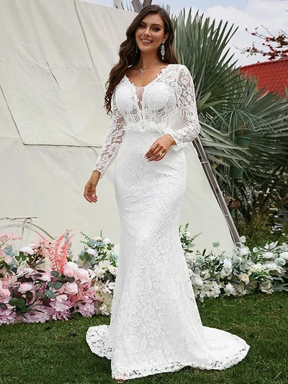 Elegant Mermaid V-Neck Long Sleeve Lace White Floor-Length Wedding Dress