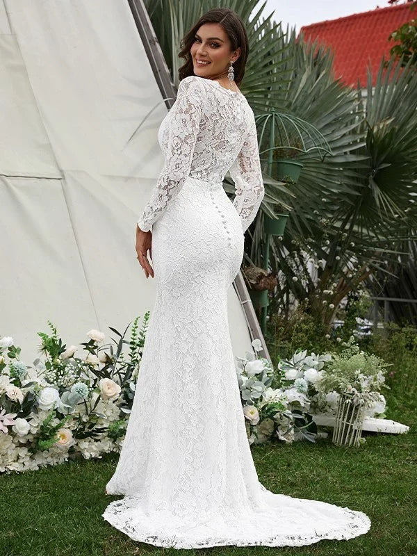 Elegant Mermaid V-Neck Long Sleeve Lace White Floor-Length Wedding Dress