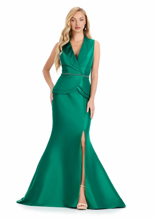 Elegant Mermaid V-Neck Peplum Slit Emerald Green Mother of the Bride Gown