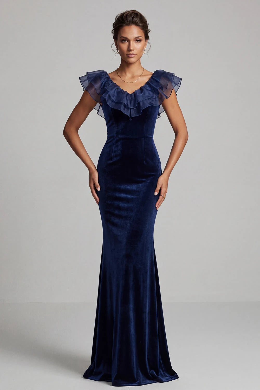 Elegant Mermaid V-Neck Ruffled Cap Sleeve Luxurious Navy Blue Floor-Length Prom Gown