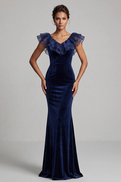 Elegant Mermaid V-Neck Ruffled Cap Sleeve Luxurious Navy Blue Floor-Length Prom Gown