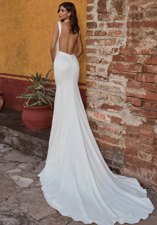 Elegant Mermaid V-Neck Sleeveless Backless Draped White Long Wedding Dresses Bride