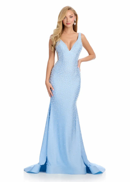 Elegant Mermaid V-Neck Sleeveless Beaded Cut-Out Sky Blue Floor-Length Evening Gown