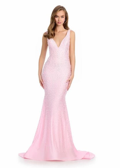 Elegant Mermaid V-Neck Sleeveless Beaded Cut-Out Sky Blue Floor-Length Evening Gown