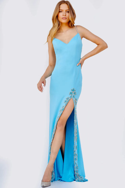 Elegant Mermaid V-Neck Sleeveless Beaded Slit Turquoise Floor-Length Evening Gown