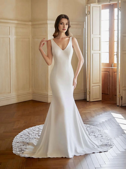 Elegant Mermaid V-Neck Sleeveless Chic Ivory Floor-Length Wedding Dress Bridal Gown