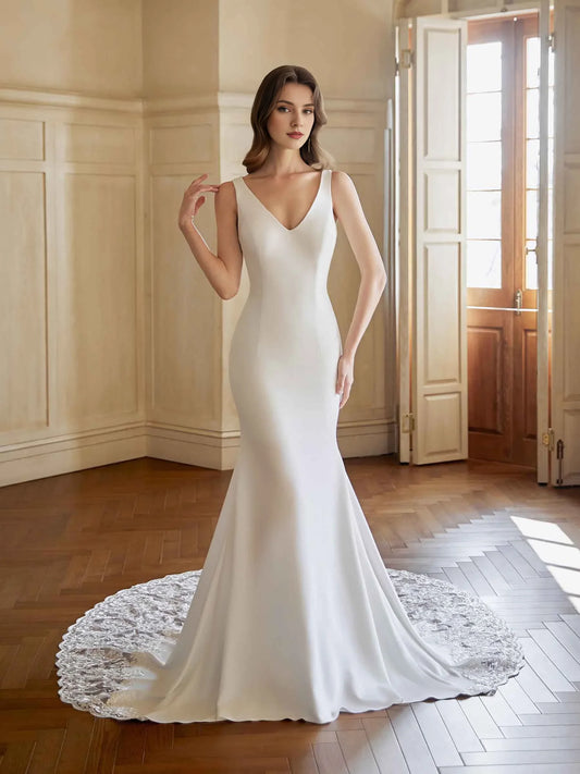 Elegant Mermaid V-Neck Sleeveless Chic Ivory Floor-Length Wedding Dress Bridal Gown