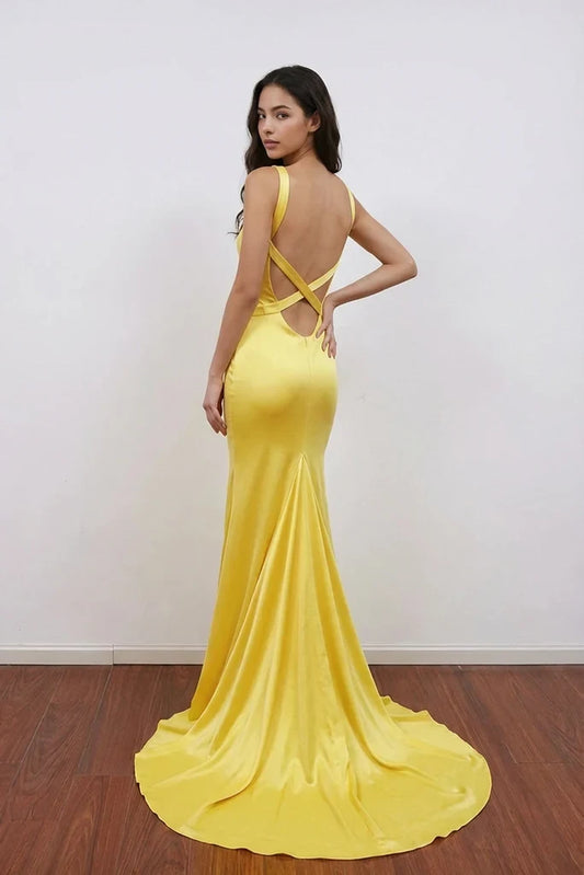 Elegant Mermaid V-Neck Sleeveless Criss-Cross Back Yellow Floor-Length Prom Gown