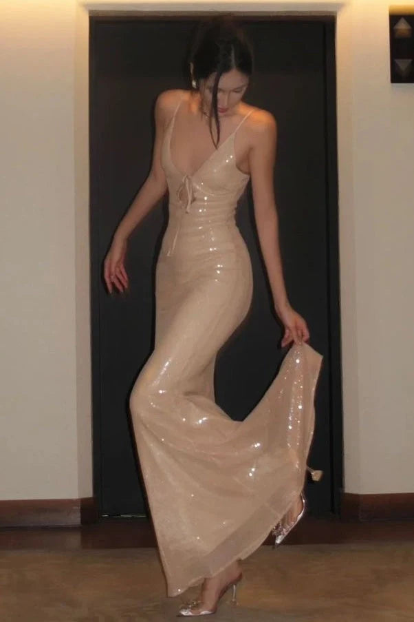 Elegant Mermaid V-Neck Sleeveless Cutout Backless Champagne Maxi Prom Dresses Women