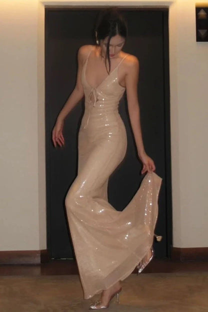 Elegant Mermaid V-Neck Sleeveless Cutout Backless Champagne Maxi Prom Dresses Women