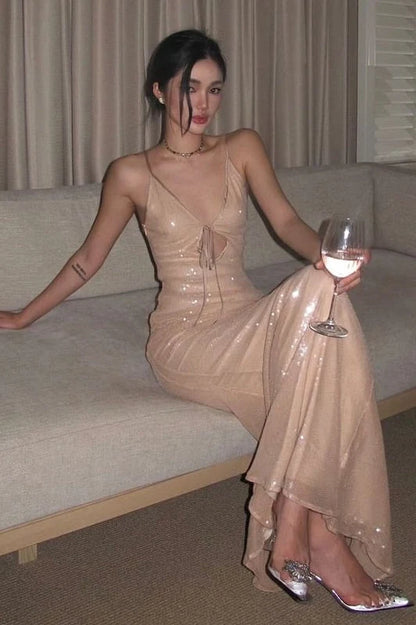 Elegant Mermaid V-Neck Sleeveless Cutout Backless Champagne Maxi Prom Dresses Women