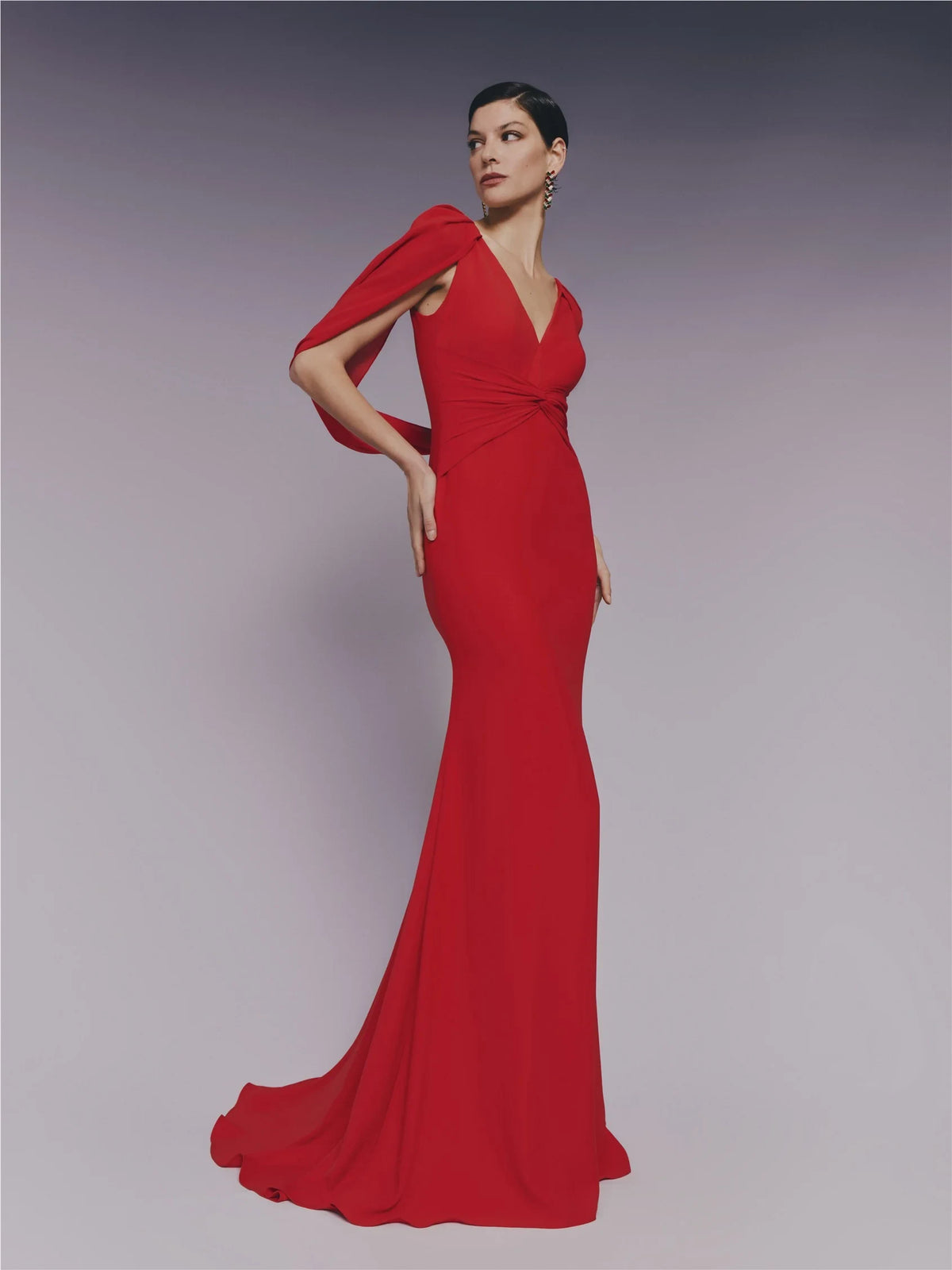 Elegant Mermaid V-Neck Sleeveless Draped Hooded Red Evening Dresses Women Gown