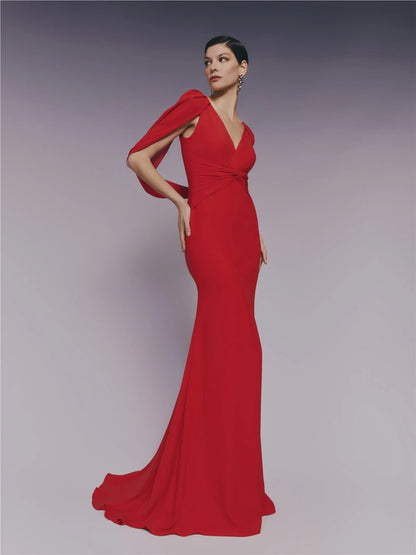 Elegant Mermaid V-Neck Sleeveless Draped Hooded Red Evening Dresses Women Gown