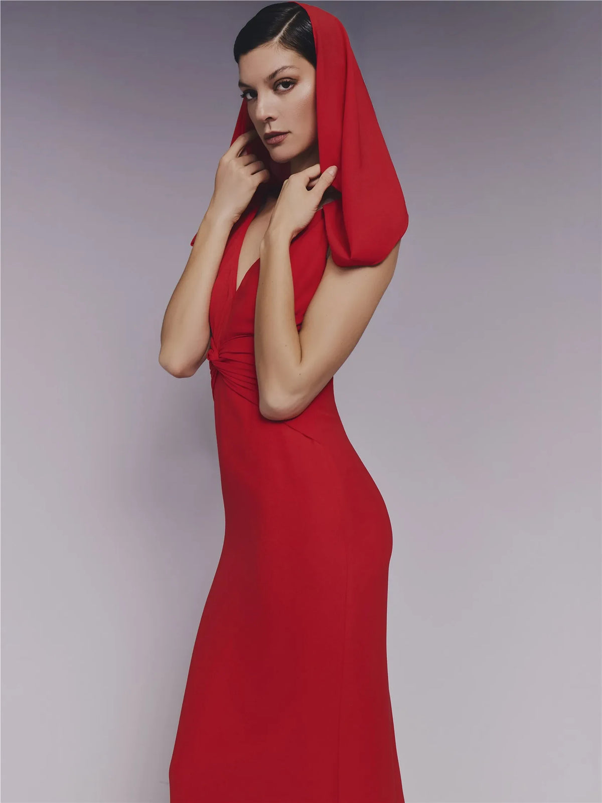 Elegant Mermaid V-Neck Sleeveless Draped Hooded Red Evening Dresses Women Gown