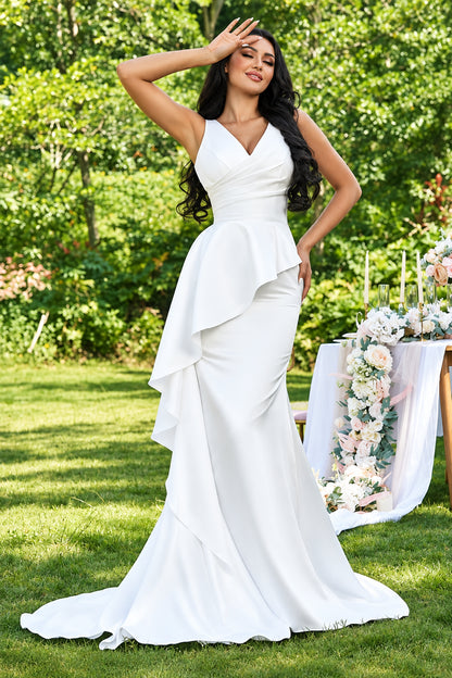 Elegant Mermaid V-Neck Sleeveless Peplum Ruched White Floor-Length Wedding Gown