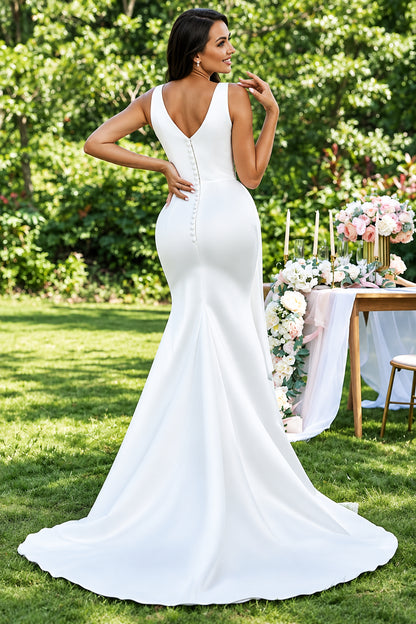 Elegant Mermaid V-Neck Sleeveless Peplum Ruched White Floor-Length Wedding Gown
