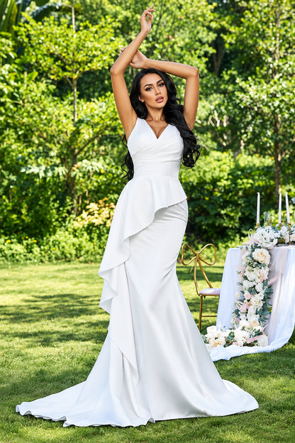 Elegant Mermaid V-Neck Sleeveless Peplum Ruched White Floor-Length Wedding Gown
