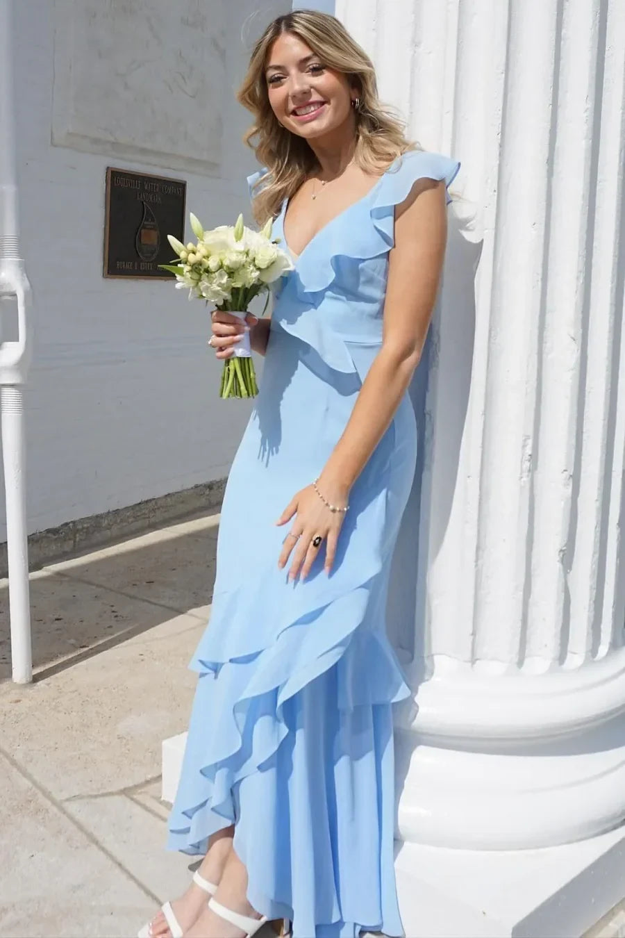 Elegant Mermaid V-Neck Sleeveless Ruffle Layered Light Blue Maxi Prom Gown