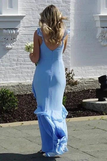 Elegant Mermaid V-Neck Sleeveless Ruffle Layered Light Blue Maxi Prom Gown