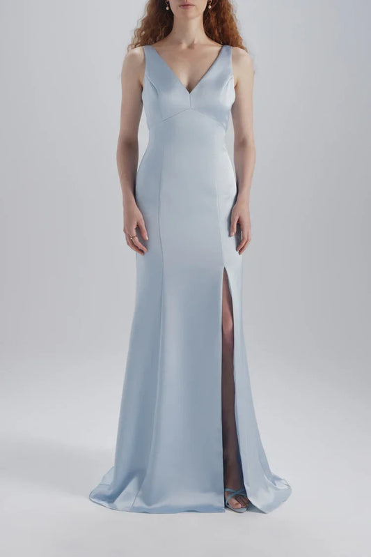 Elegant Mermaid V-Neck Sleeveless Slit Open Back Light Blue Bridesmaid Gown