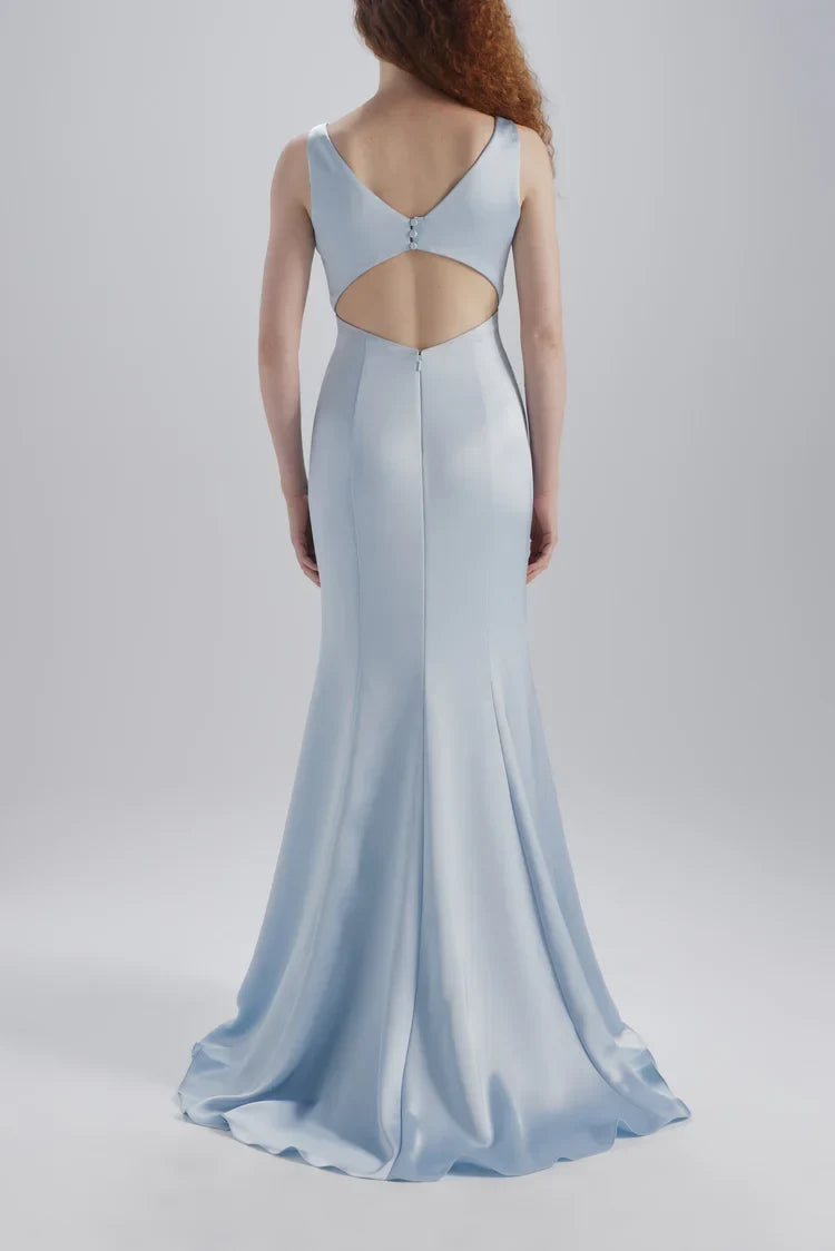 Elegant Mermaid V-Neck Sleeveless Slit Open Back Light Blue Bridesmaid Gown