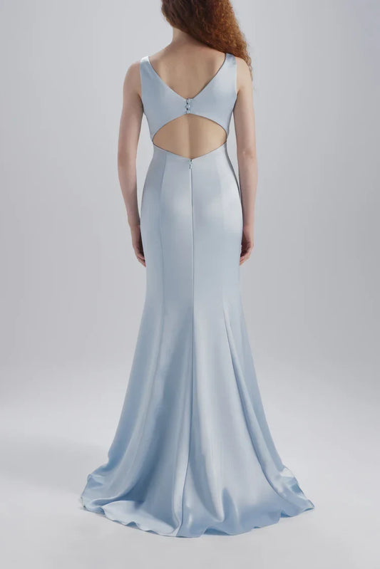 Elegant Mermaid V-Neck Sleeveless Slit Open Back Light Blue Bridesmaid Gown