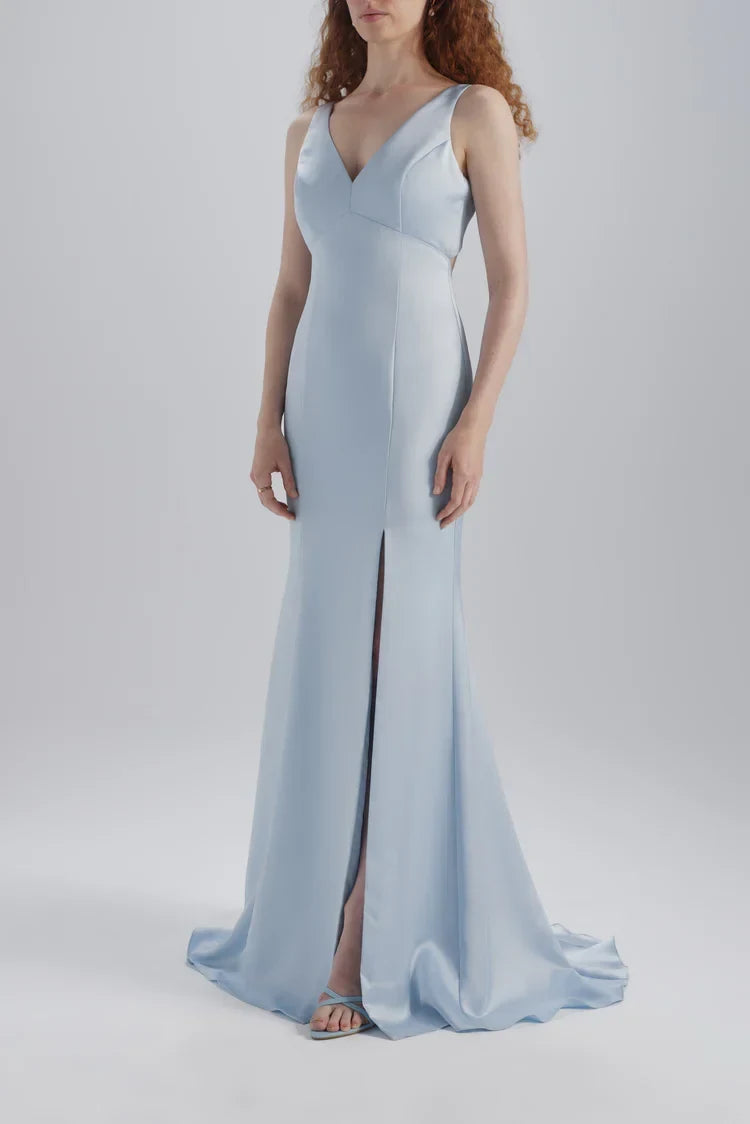 Elegant Mermaid V-Neck Sleeveless Slit Open Back Light Blue Bridesmaid Gown