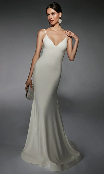Elegant Mermaid V-Neck Sleeveless Strappy Ivory Floor-Length Wedding Gown