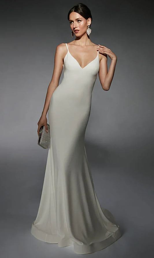 Elegant Mermaid V-Neck Sleeveless Strappy Ivory Floor-Length Wedding Gown