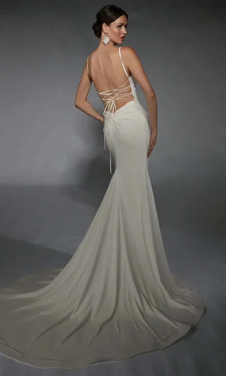 Elegant Mermaid V-Neck Sleeveless Strappy Ivory Floor-Length Wedding Gown