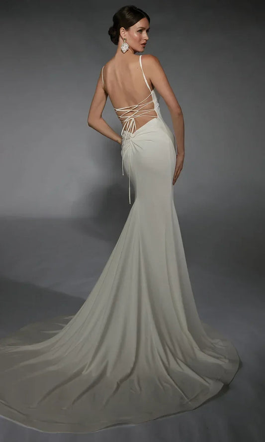 Elegant Mermaid V-Neck Sleeveless Strappy Ivory Floor-Length Wedding Gown