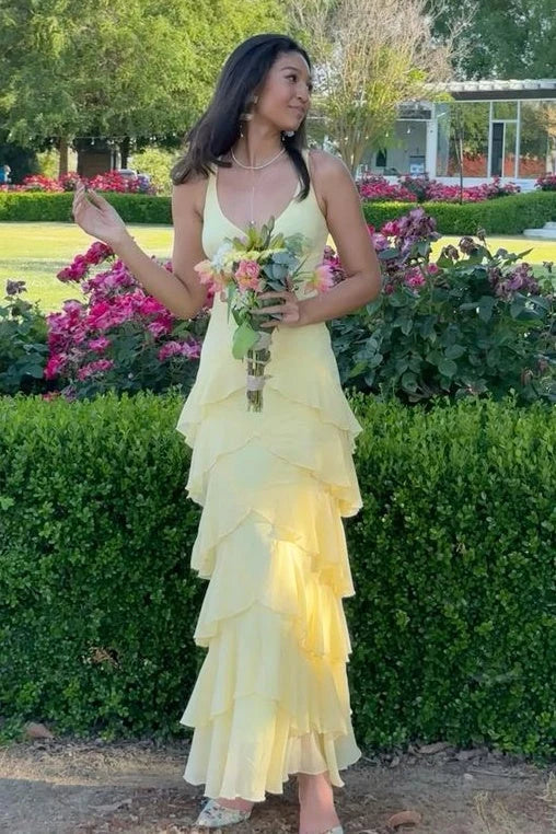 Elegant Mermaid V-Neck Sleeveless Tiered Cascading Yellow Maxi Prom Dresses Women