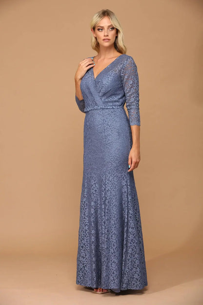 Elegant Mermaid V-Neck Three-Quarter Sleeve Lace Dusty Blue Mother of the Bride Dress