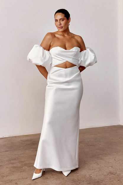 Elegant Modern Mermaid Sweetheart Puff Sleeve Cutout White Floor-Length Wedding Gown
