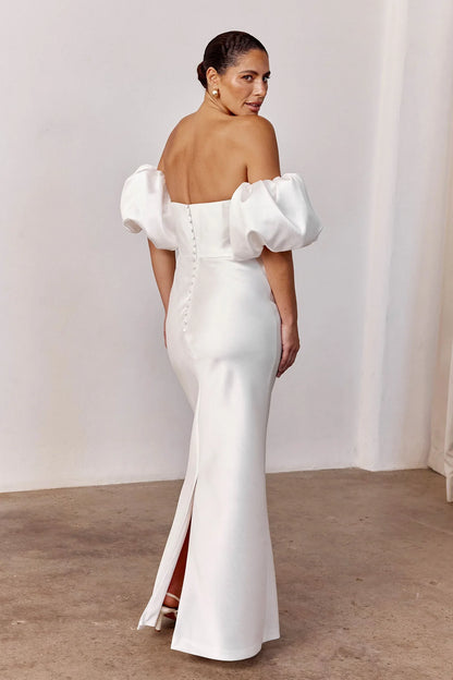 Elegant Modern Mermaid Sweetheart Puff Sleeve Cutout White Floor-Length Wedding Gown