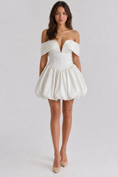 Elegant Off-Shoulder V-Neck Satin Short White Homecoming Cocktail Dress