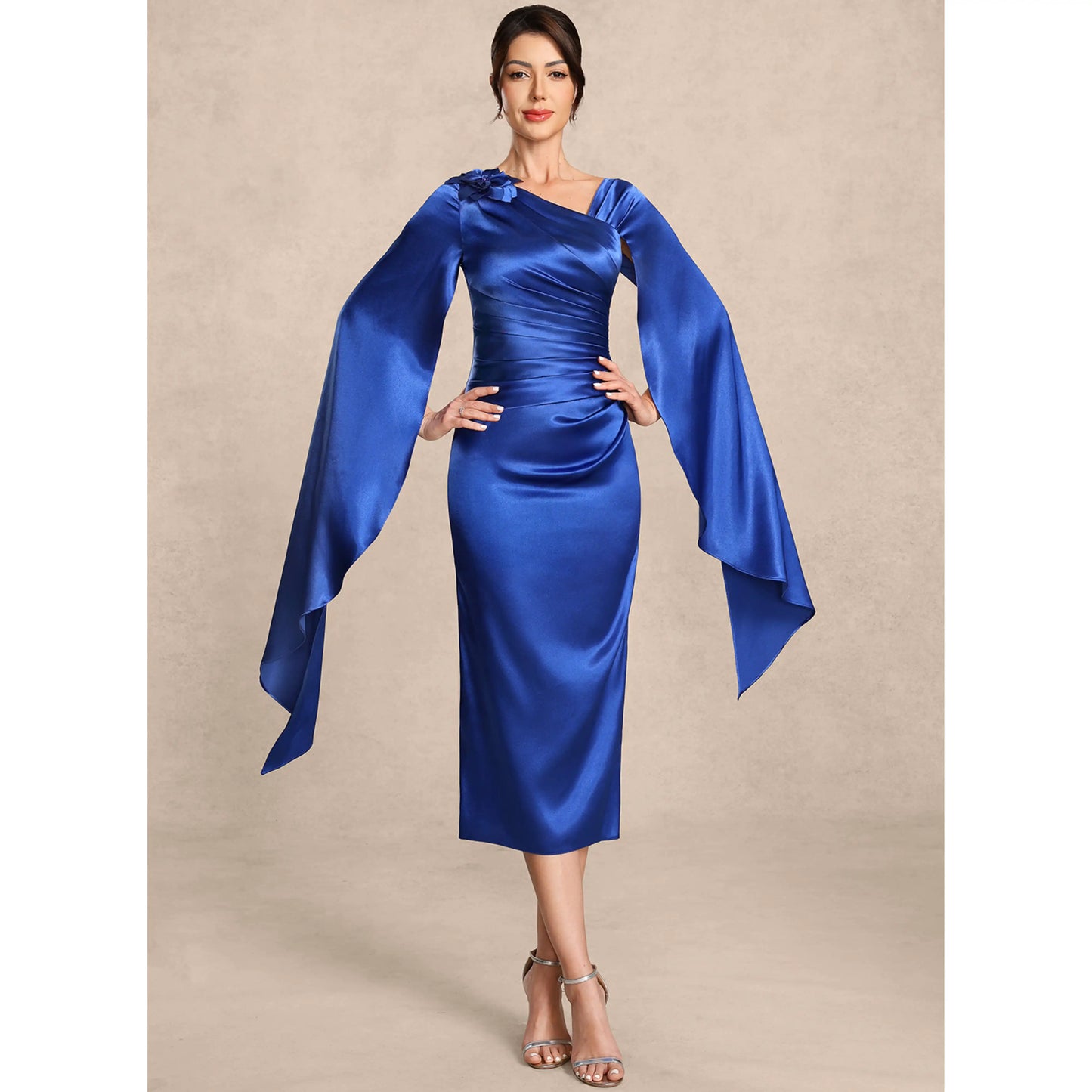 Elegant One-Shoulder Long Sleeve Ruched Royal Blue Midi Mother of the Bride Dress