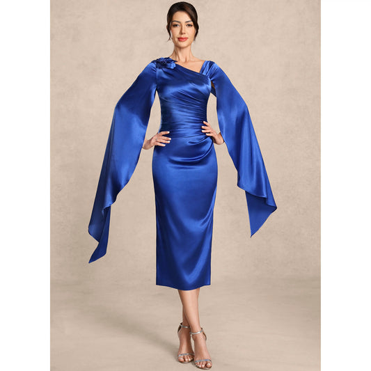 Elegant One-Shoulder Long Sleeve Ruched Royal Blue Midi Mother of the Bride Dress