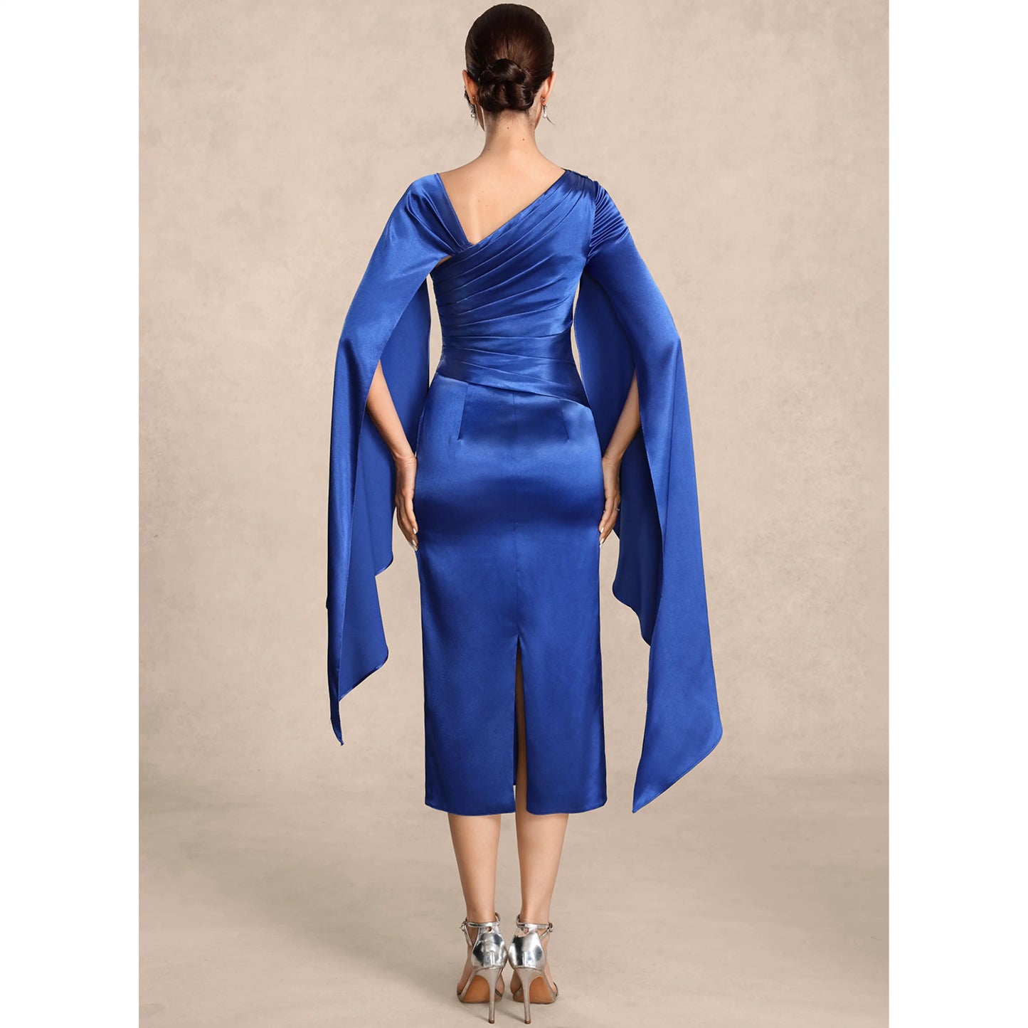 Elegant One-Shoulder Long Sleeve Ruched Royal Blue Midi Mother of the Bride Dress