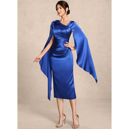Elegant One-Shoulder Long Sleeve Ruched Royal Blue Midi Mother of the Bride Dress